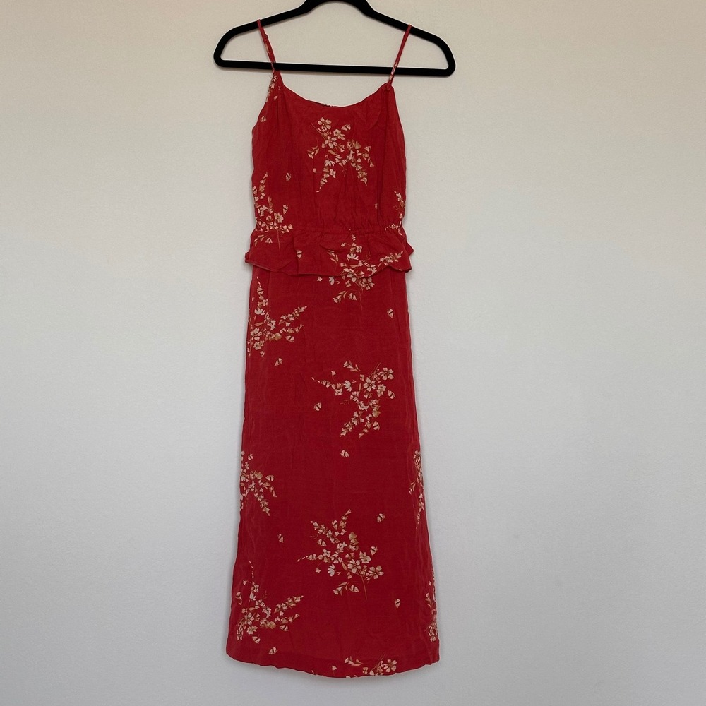 Kensie Red Floral Peplum Midi Dress XS Sleeveless Spaghetti Strap Rayon Slit
